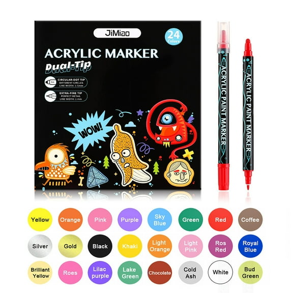 24 Colors Acrylic Markers, Double Tip Acrylic Paint Pens Markers, Premium Acrylic Markers for Wood,Rock Painting, Glass, DIY Crafts Making Art Supplies, Canvas, Stone