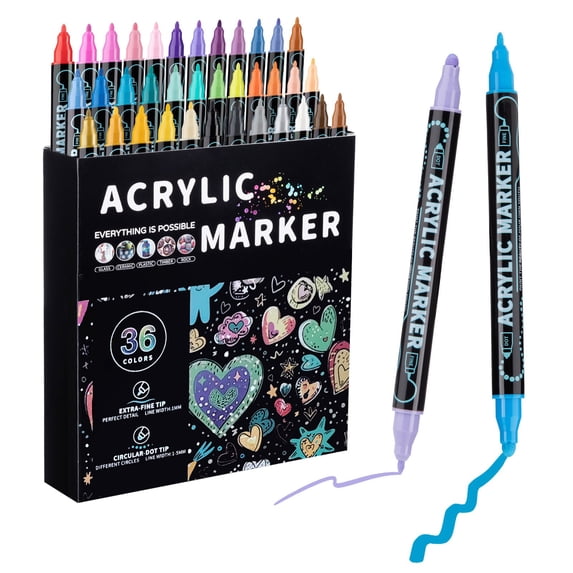 36 Colors Acrylic Paint Markers Dual Tip Art Pens with Fine Tip and Brush Tip for Rock Painting Wood Glass Ceramic Canvas DIY Crafts