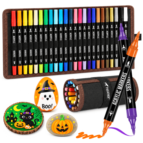 24 Colors Acrylic Paint Markers, Dual Tip with Fine Tip and Brush Tip Pens for Stone, Wood, Calligraphy, Canvas, Ceramic, Metal, Glass, Rock Painting, DIY Crafts Art Supplies Kit
