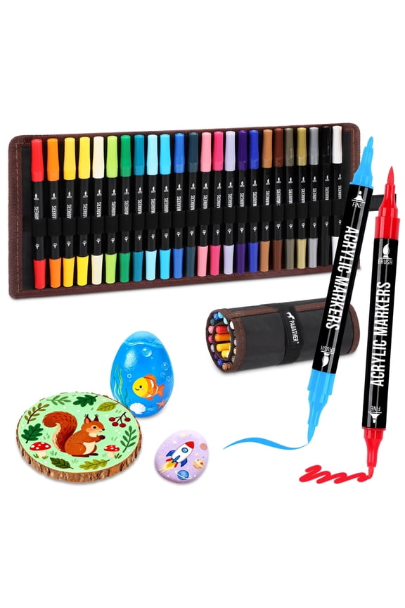 24 Colors Acrylic Paint Markers, Dual Tip with Fine Tip and Brush Tip Pens for Stone, Wood, Calligraphy, Canvas, Ceramic, Metal, Glass, Rock Painting, DIY Crafts Art Supplies Kit