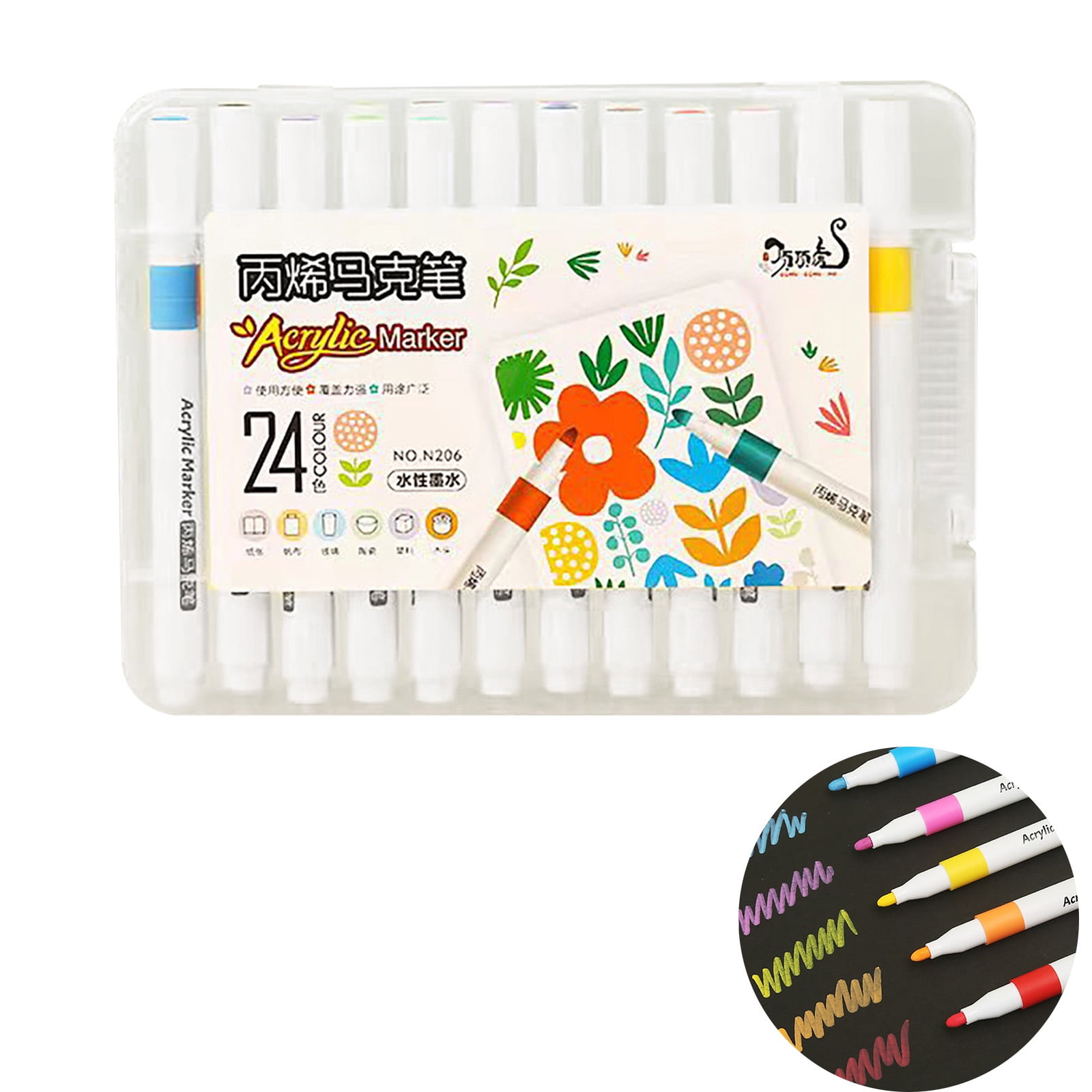 24 Colors Acrylic Paint Markers, Round Tip Water-Based Permanent Paint Pens, Non-Toxic Multi-Surface Art Pens for Ages 3+ & Adults, Perfect for Coloring, Drawing, Sketching and Card Making