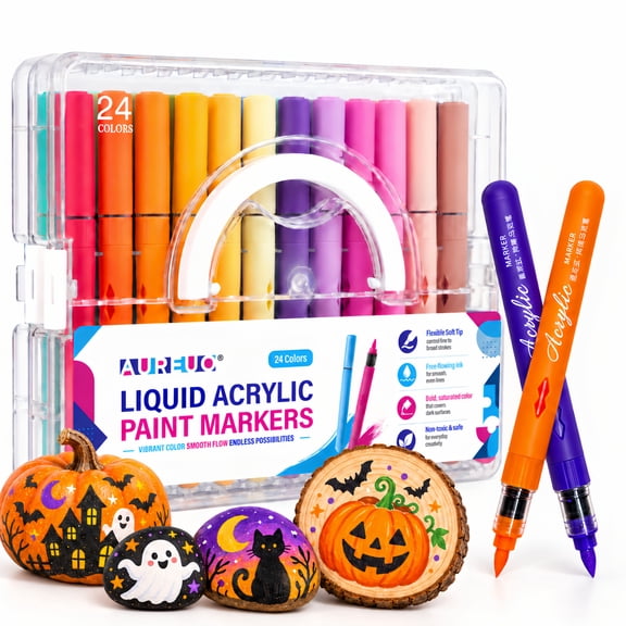 24 Colors Acrylic Paint Markers, Soft Brush Tip Pens, Automatic Ink Control No Bleed Markers Set for Wood, Stone, Canvas, Glass, Fabric, Egg, Rock Painting and DIY