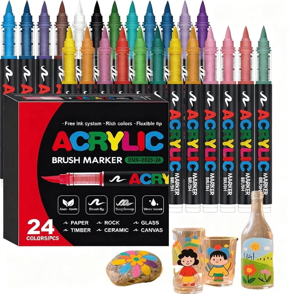 24 Colors Acrylic Paint Markers, Waterproof Brush Tip Acrylic Markers for Coloring Books, Rocks, Wood, Glass, DIY Crafts Art, Pumpkin Painting