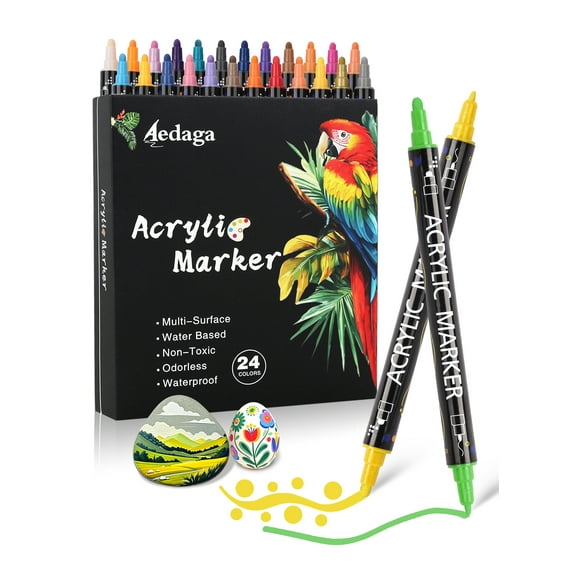 24 Colors Acrylic Paint Pens,Acrylic Paint Markers Dual Tip with Fine Tip and Dot Tip,Dot Maker for Kids Adults, Glass, Stone, Wood, Canvas, Paper, Pottery
