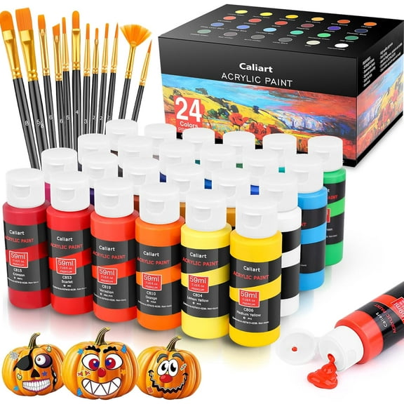 24 Colors Acrylic Paint Set with 12 Brushes, Art Craft Paints Gifts Trendy Stuff for Adults Artists, Halloween Pumpkin Canvas Ceramic Rock Eggs Painting Kit Art Supplies
