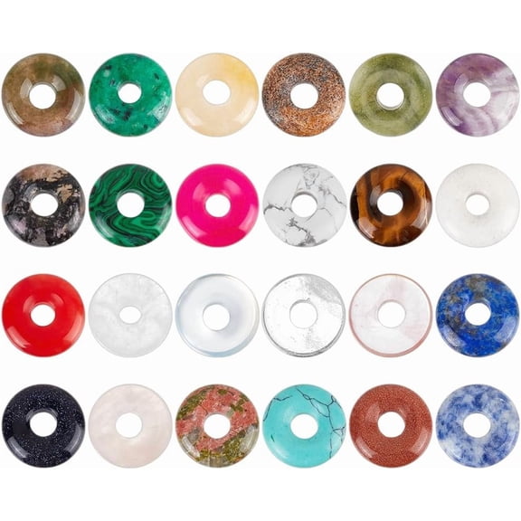 24 Colors Donut Disc Gemstone Charms 0.7x0.2inch Natural Stone Pendants Disc Donut Charms Flat Round Stone Beads Pendants for Jewelry Making Hole: 5.5mm Mixed Color