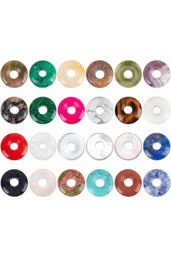 24 Colors Donut Disc Gemstone Charms 0.7x0.2inch Natural Stone Pendants Disc Donut Charms Flat Round Stone Beads Pendants for Jewelry Making Hole: 5.5mm colorful DIY