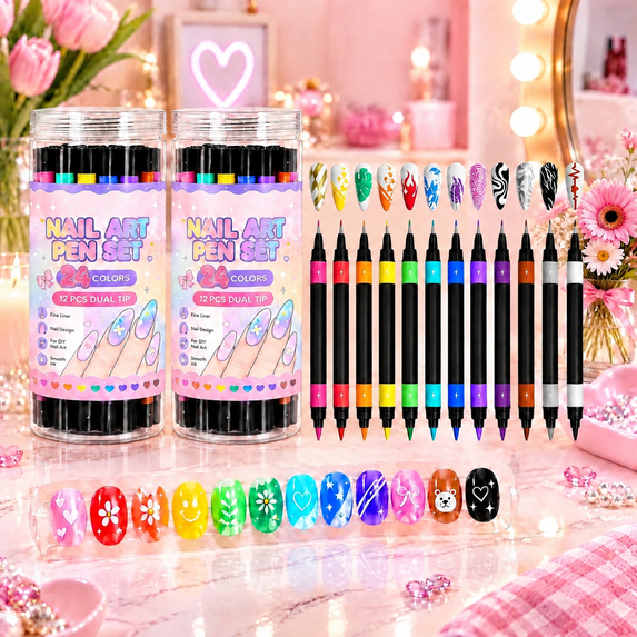 24 Colors Dual Ended Nail Art Pens Set, Dual-Tip Nail Art Markers with ...