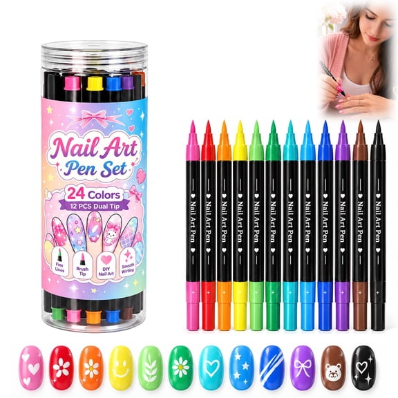 24 Colors Dual Ended Nail Art Pens Set, Dual Tip Nail Art Markers for Nail Outlines, Details & Color Filling.(1Pcs)