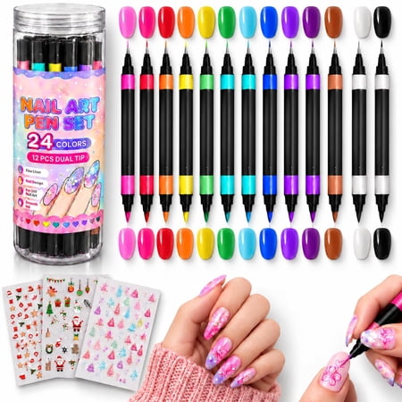 24 Colors Dual Ended Nail Art Pens Set, Nail Polish Pens with Fine Liner & Brush Tips for Pattern Drawing, Hand-Painted Nail Art & Manicure DIY
