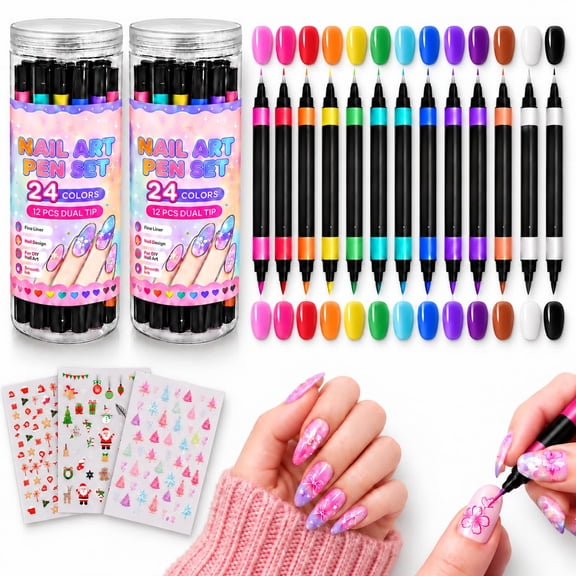 24 Colors Dual Ended Nail Art Pens Set, Nail Polish Pens with Fine Liner & Brush Tips for Pattern Drawing, Hand-Painted Nail Art & Manicure DIY