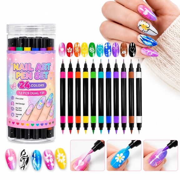 24 Colors Dual Ended Nail Art Pens Set, Quick-drying Nail Art Pens for Painting Nails, DIY Nail Art Markers