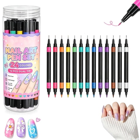 24 Colors Dual Ended Nail Art Pens Set for DIY Nail Art(No nail tips)Fine Liner & Brush Tips, Quick Dry, Non-Toxic Odorless For Beginner
