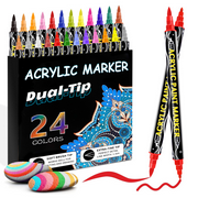 24 Colors Dual Tip Acrylic Paint Markers,Fine Tip and Brush Tip Permanent Acrylic Paint Pens For Rock Painting, Canvas,Wood,Glass,Ceramic,Fabric, Plastic,Egg,Scrapbook,Art Painting Supplies Kit