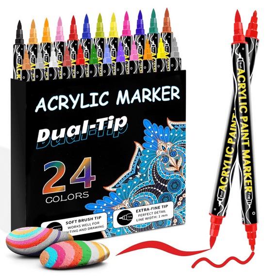 24 Colors Dual Tip Acrylic Paint Markers,Fine Tip and Brush Tip Permanent Acrylic Paint Pens For Rock Painting, Canvas,Wood,Glass,Ceramic,Fabric, Plastic,Egg,Scrapbook,Art Painting Supplies Kit