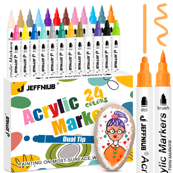 JEFFNIUB 24 Colors Dual Tip Acrylic Paint Pens, Medium Tip and Brush Tip, Permanent Acrylic Markers Pens for Rock Painting,Wood,Canvas,Stone,Glass,Ceramic, DIY Crafts Making Art Supplies
