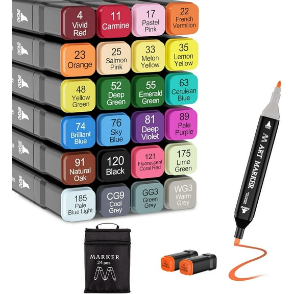 24 Colors Dual Tip Alcohol Art Marker Set for Artists AdultsPermanent Drawing Pens for Adult Coloring Sketching Illustration