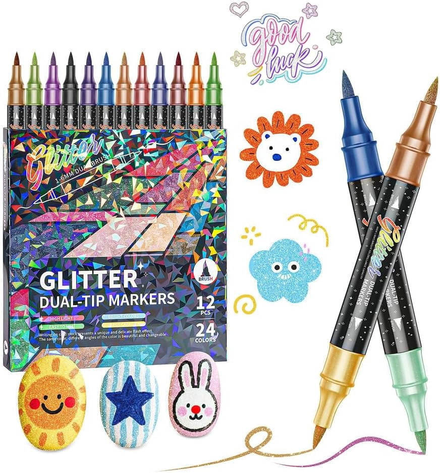 24 Colors Dual Tip Glitter Markers, Brush & Fine Tip Sparkle Pens for Adult Coloring Books, Journaling Card Making, Eco-Friendly Liquid Ink Art Supplies Set(wwx)