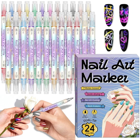 24 Colors Dual-Tip Nail Art Marker Pens, Water-Based Quick-Dry Acrylic Paint Pens for DIY Manicure, Fine & Brush Tips, No UV Lamp Needed