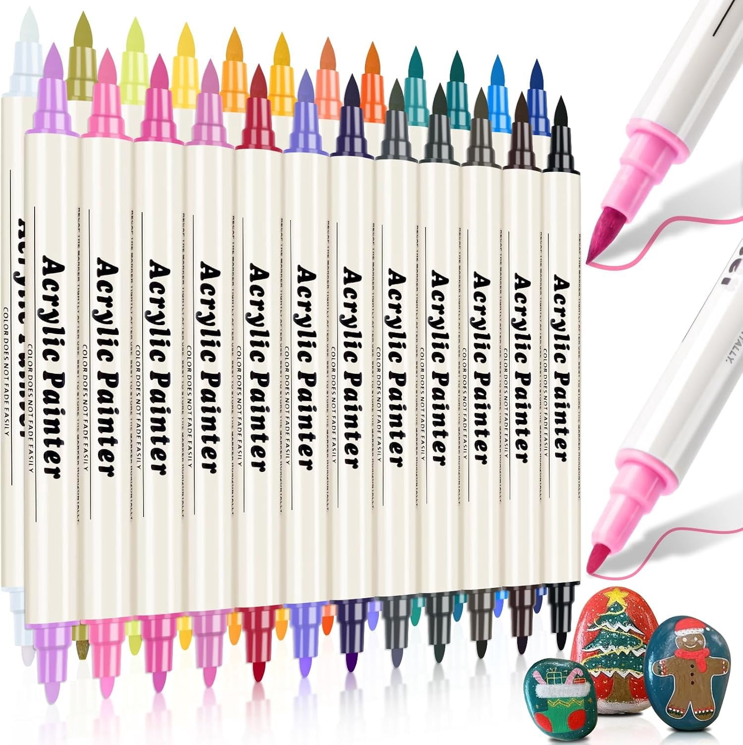 24 Colors Dual Tip   Pens Markers, Brush & Fine Tip Coloring Drawing Markers for Christmas Decorations,  Making Art Supplies for , Fabric, Stone, Glass, Rock Painting