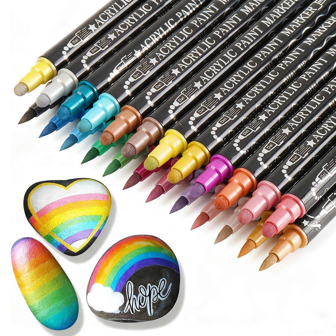 24 Colors Dual Tip Waterproof Acrylic Paint Markers & Pens - Brush & Dot Tip Suitable for Rock Painting, Ceramic, Wood, Glass, Stone, Calligraphy, DIY Crafts, Professional Supplies