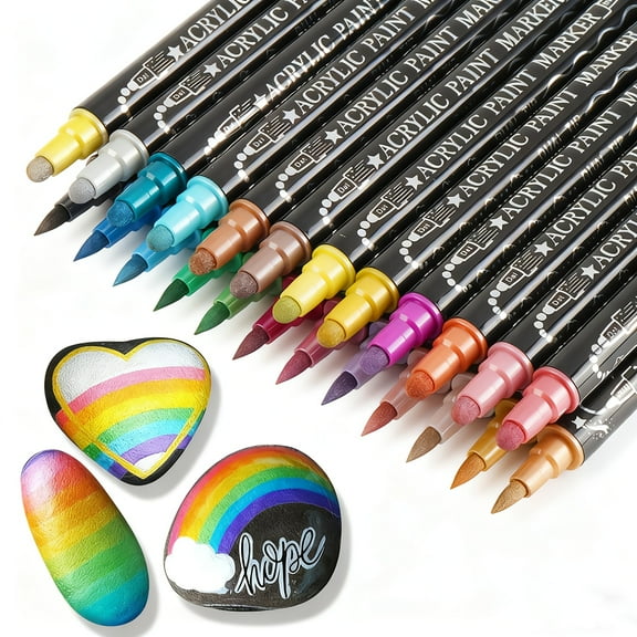 24 Colors Dual Tip Waterproof Acrylic Paint Markers & Pens - Brush & Dot Tip Suitable for Rock Painting, Ceramic, Wood, Glass, Stone, Calligraphy, DIY Crafts, Professional Supplies
