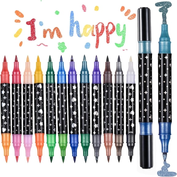 24 Colors Glitter Brush Markers,12 Pack Dual Tip Brush Glitter Marker for Doodle Writing, Glitter Art Crafts Adults DIY Crafts Greeting Birthday Cards Making