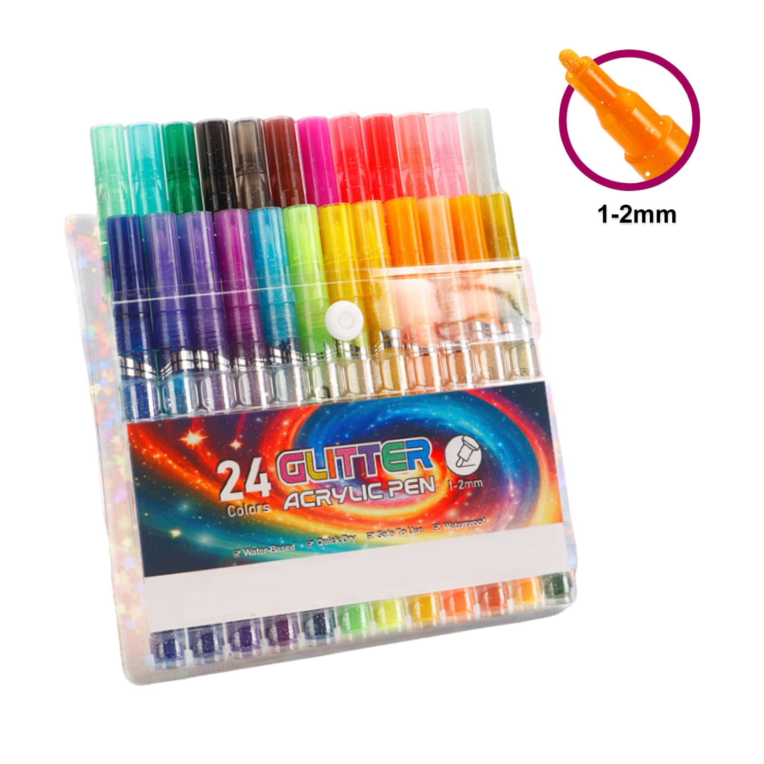 24 Colors Glitter Marker Pens Set, Sparkle Acrylic Marker for Journaling, Drawing, DIY Crafts, Quick Dry Waterproof Art Markers for Paper Wood Plastic Glass Metal(1-2MM)