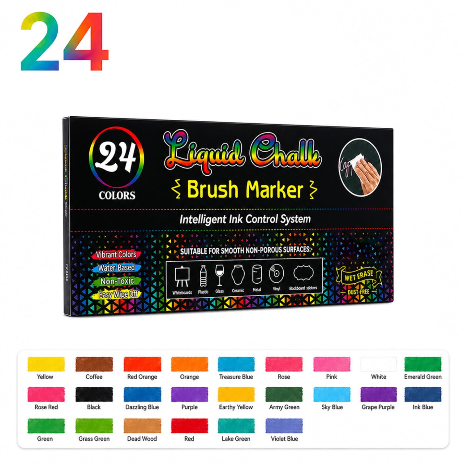 24 Colors Liquid Chalk Markers for Acrylic Calendar, Glass Window, Blackboard & Whiteboard, Erasable Neon Chalk Pens with Soft Brush Tip for Signs、DIY Art、Holiday Decoration
