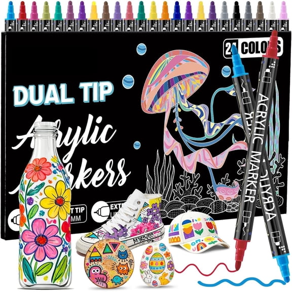 24 Colors   Markers -  Dual Tip  Pens for Rock Painting, Fabric, , Glass, Canvas - Valentines Day Gifts & Art Supplies