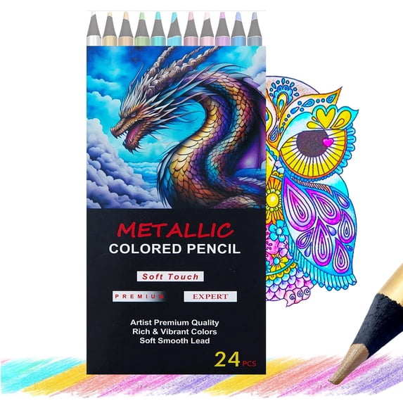 24 Colors Metallic Colored Pencils Set,Premium Oil-Based Art Pencils for Adult Coloring Books, Drawing, Sketching & Shading, Smooth, Vibrant & Lightfast Pigments for Artists