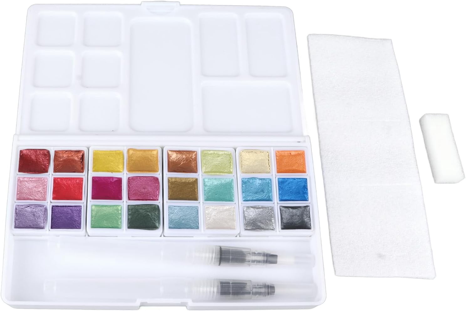 24 Colors Metallic Watercolor Paints Set with Brush Easy Color Mixing for Wall Paper Canvas and Wooden Paintings