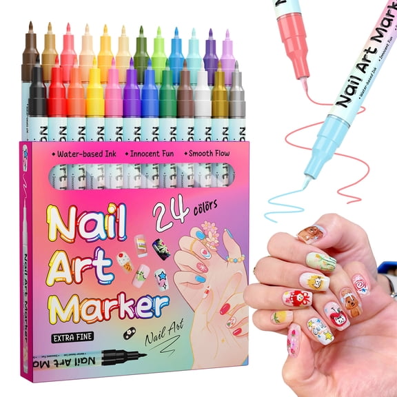 24 Colors Nail Art Pens Set - 0.5 MM Nail Polish Pens Set Drawing Painting Point Liner Acrylic Painted Pen Kit, Waterproof and Quick-drying Nail for DIY Nail Design, Home & Salon Manicure Tools