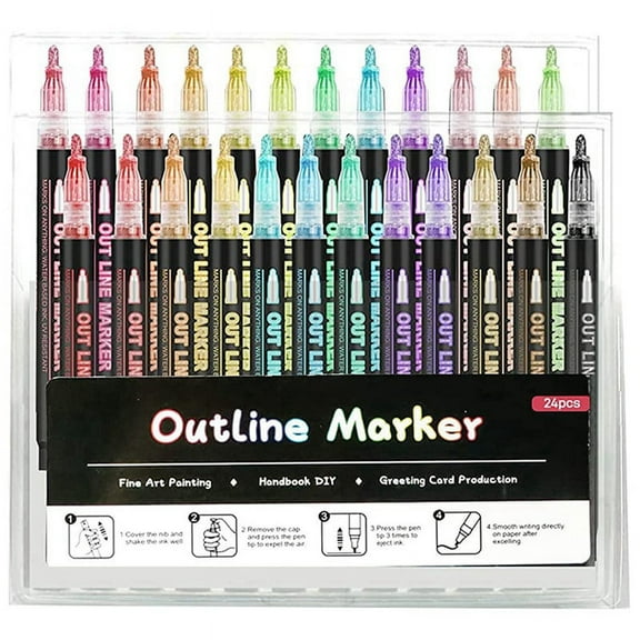 24 Colors Outline Metallic Markers, Acrylic Paint Marker Paint Pen Glitter Drawing Pen for Wood, Rock Painting