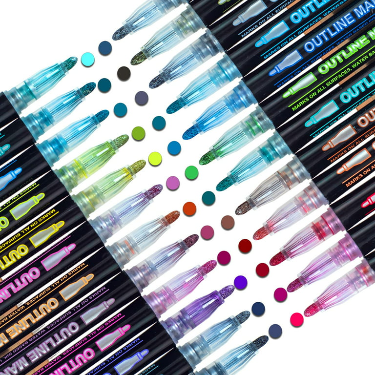 24 Colors Pens Double Line Markers Metallic Outline Pens Set Sparkle Cool Magic Glitter Dazzle Pen Art Paint Drawing Kid Gift