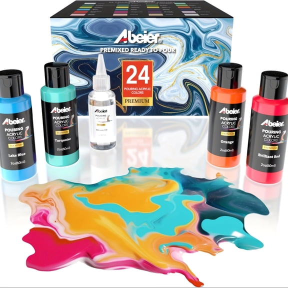 24 Colors Ready to Pour Acrylic Paint Set, Pre-Mixed with Pouring Medium, 2 oz/Bottle, Includes Silicone Oil for Cells Effect, Vibrant Paints for Canvas, Crafts, DIY Projects for Artists & Beginners
