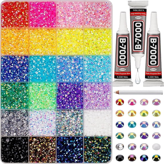 24 Colors Resin Jelly Rhinestones for Bedazzling, 3mm 32000 Pcs Flatback Gems for Crafting, Bedazzling Kit with 3Pcs Glue for Clothing Shoes Nail Book Diamond Art, C
