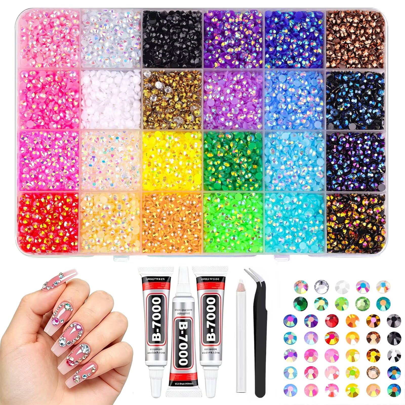 24 Colors Resin Rhinestones for Crafting with Tweezers – Flatback Glass Rhinestone Kit with B-7000 Glue, Storage Box, for Nail Art, Tumblers, Shoes, DIY Decor