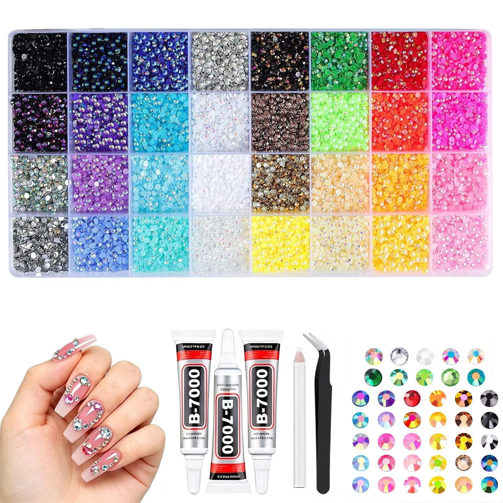24 Colors Resin Rhinestones for Crafting with Tweezers – Flatback Glass Rhinestone Kit with B-7000 Glue, Storage Box, for Nail Art, Tumblers, Shoes, DIY Decor