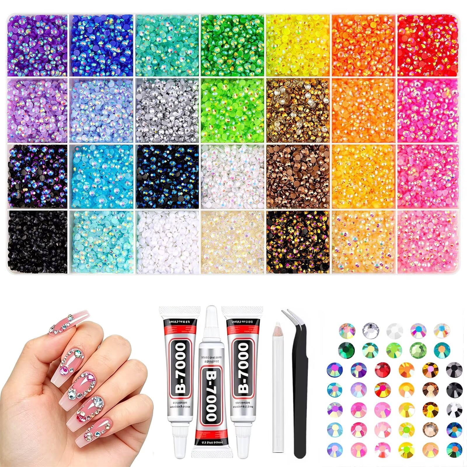 24 Colors Resin Rhinestones for Crafting with Tweezers – Flatback Glass Rhinestone Kit with B-7000 Glue, Storage Box, for Nail Art, Tumblers, Shoes, DIY Decor