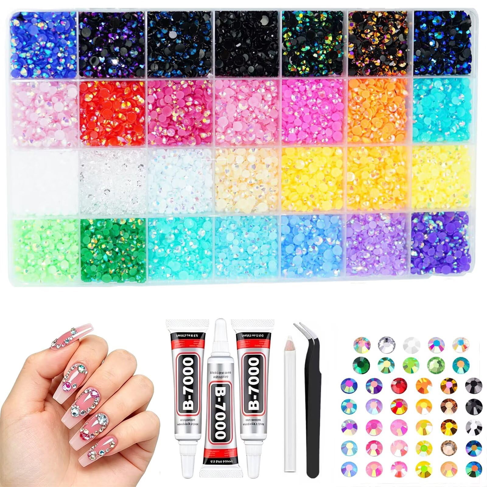 24 Colors Resin Rhinestones for Crafting with Tweezers – Flatback Glass Rhinestone Kit with B-7000 Glue, Storage Box, for Nail Art, Tumblers, Shoes, DIY Decor