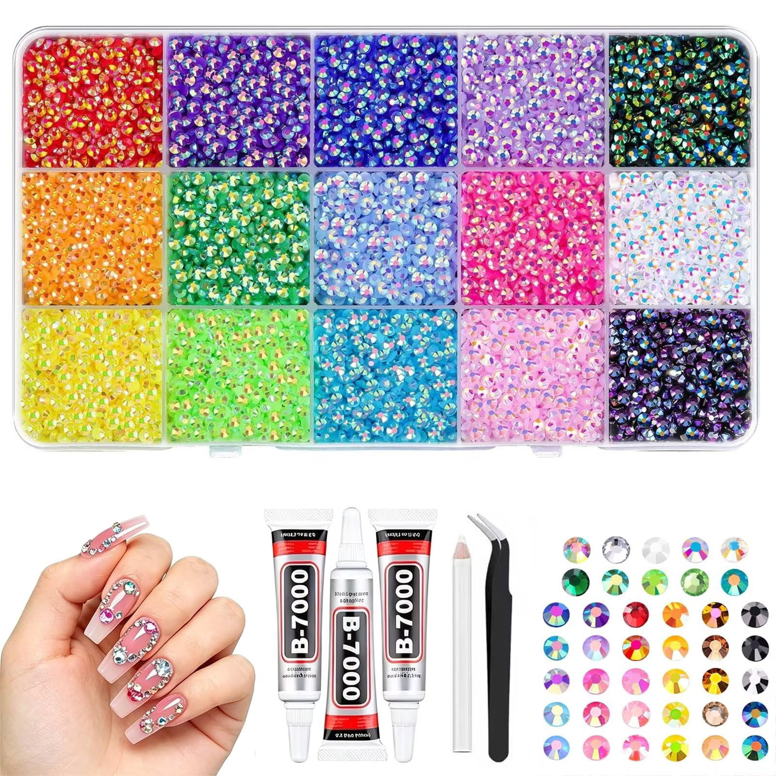 24 Colors Resin Rhinestones for Crafting with Tweezers – Flatback Glass Rhinestone Kit with B-7000 Glue, Storage Box, for Nail Art, Tumblers, Shoes, DIY Decor