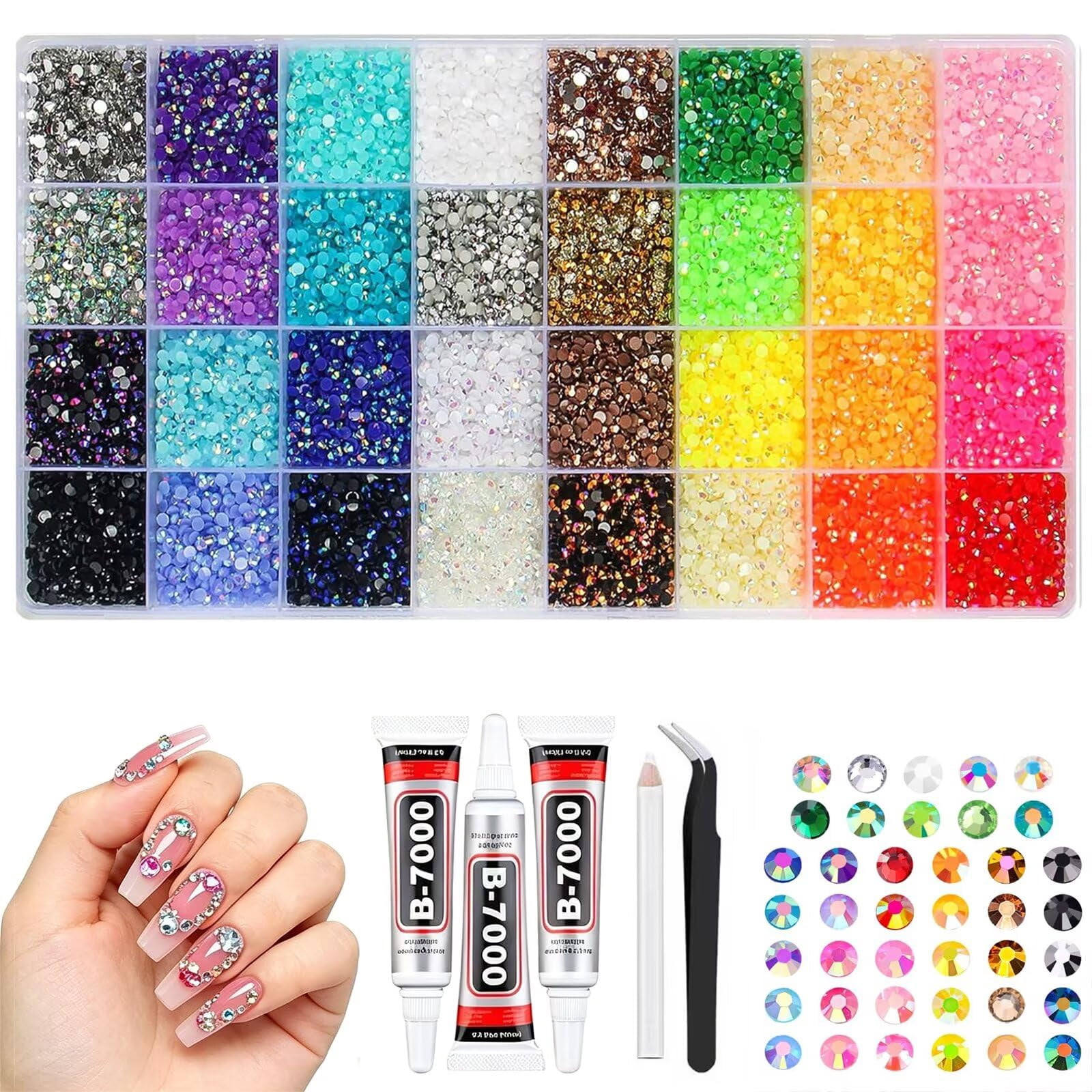 24 Colors Resin Rhinestones for Crafting with Tweezers – Flatback Glass Rhinestone Kit with B-7000 Glue, Storage Box, for Nail Art, Tumblers, Shoes, DIY Decor