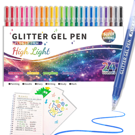 ZOETVTK 24 Colors Sparkle Glitter Gel Pens, 1.0mm Fine Tip, Large Capacity Ink, Smooth Flow, No-Bleed Coloring Markers for Adult Coloring Books, Journaling, Drawing & Art Supplies