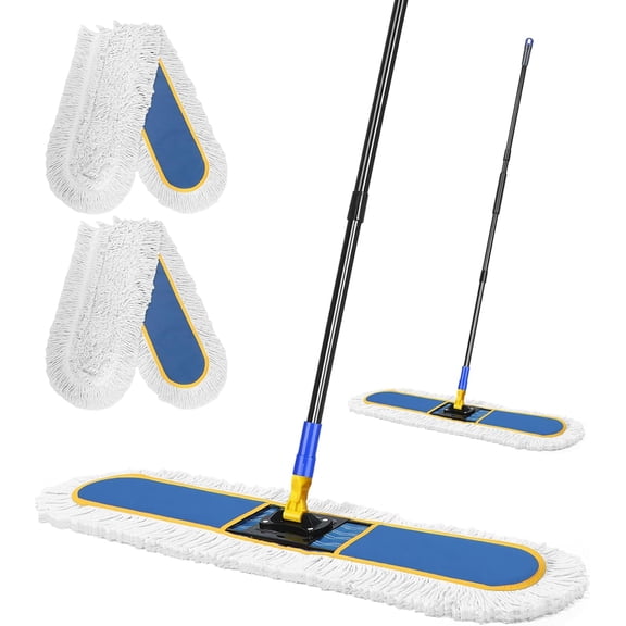 24" Commercial Dust Mop for Floor Cleaning with 2 Mop Head, Large Industrial Push Broom Mops with 60" Long Handle,Wet Dry Floor Duster for Concrete Hardwood Tiles Marble Floors