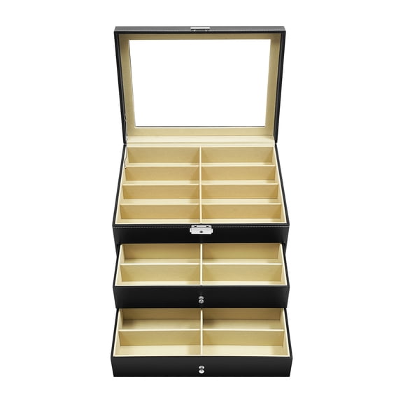 DUYIWAA 24 Compartment Eyeglasses Display Case with Glass Top & Lock, 3-Tier Drawer Storage Organizer for Jewelry Watches, Black