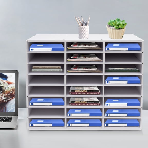 24 Compartment Literature Organizer, Desktop File Sorter with 132 lbs Capacity PVC Mail Sorter for Office, Classroom 10mm Thick Frame, Removable Dividers White
