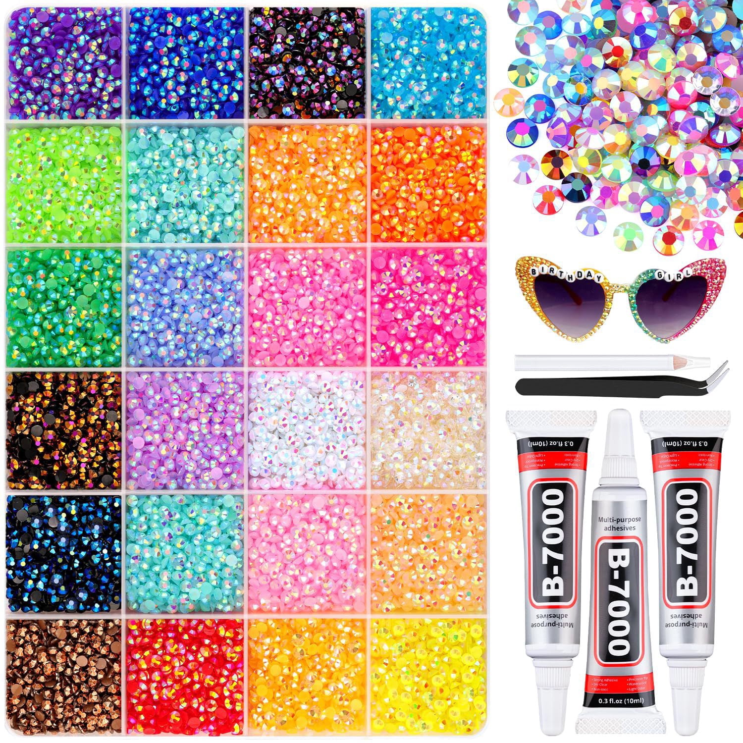 24-Compartment Storage Box Resin Flat-Bottom Drill for Nails Face Eye Makeup Tumblers Bottles Crafts Shoes Phones（3mm）