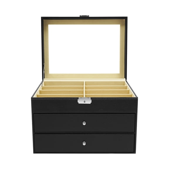 24 Compartment Sunglass Organizer Case, 3-Tier PU Leather Lockable Eyeglasses Storage Display Box with Glass Lid, MDF Construction for Home Eyewear Store Collector