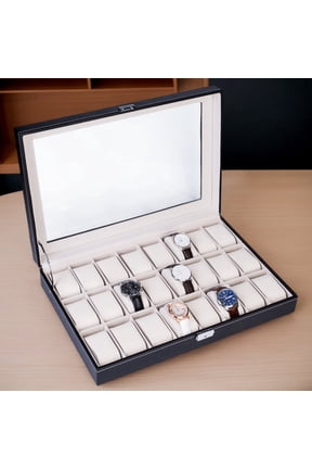 24-Compartment Top Open Leather Watch Collection Box, Luxury Watch Storage & Display Case, Black